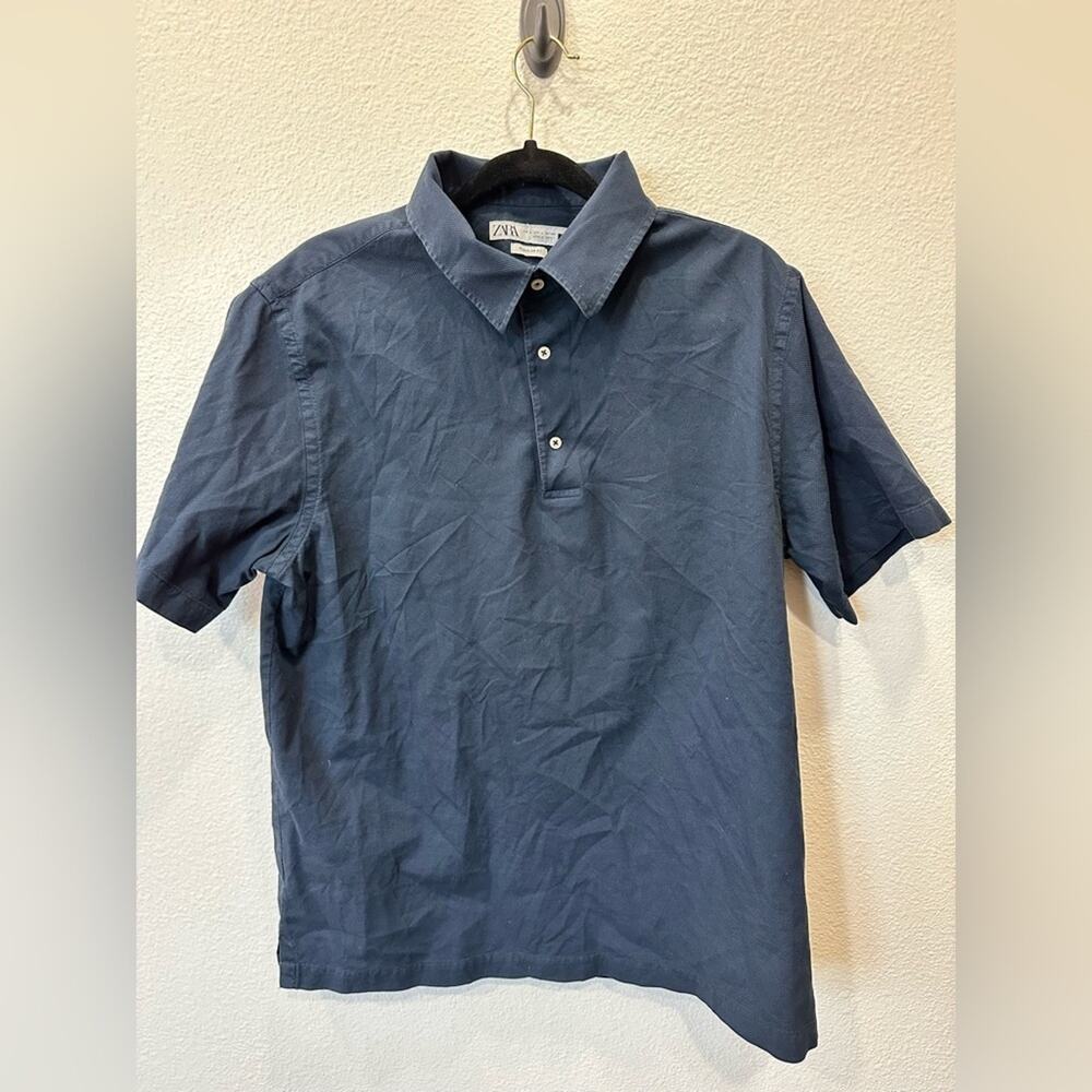 Zara Textured Polo Short Sleeve Navy Blue Men Shirt Regular Fit Size Large